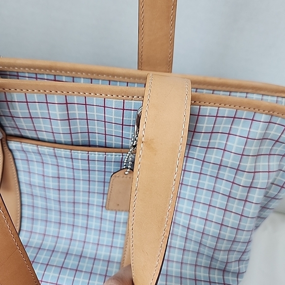 Coach Plaid Tote Bag in Tan and Blue Preppy COACH Hampton M2J-7579 Spring Purse - Picture 7 of 16